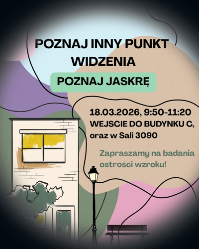 Grafika promująca wydarzenie: tytuł: poznaj inny punkt widzenia, poznaj jaskrę. data i miejsce wydarzenia