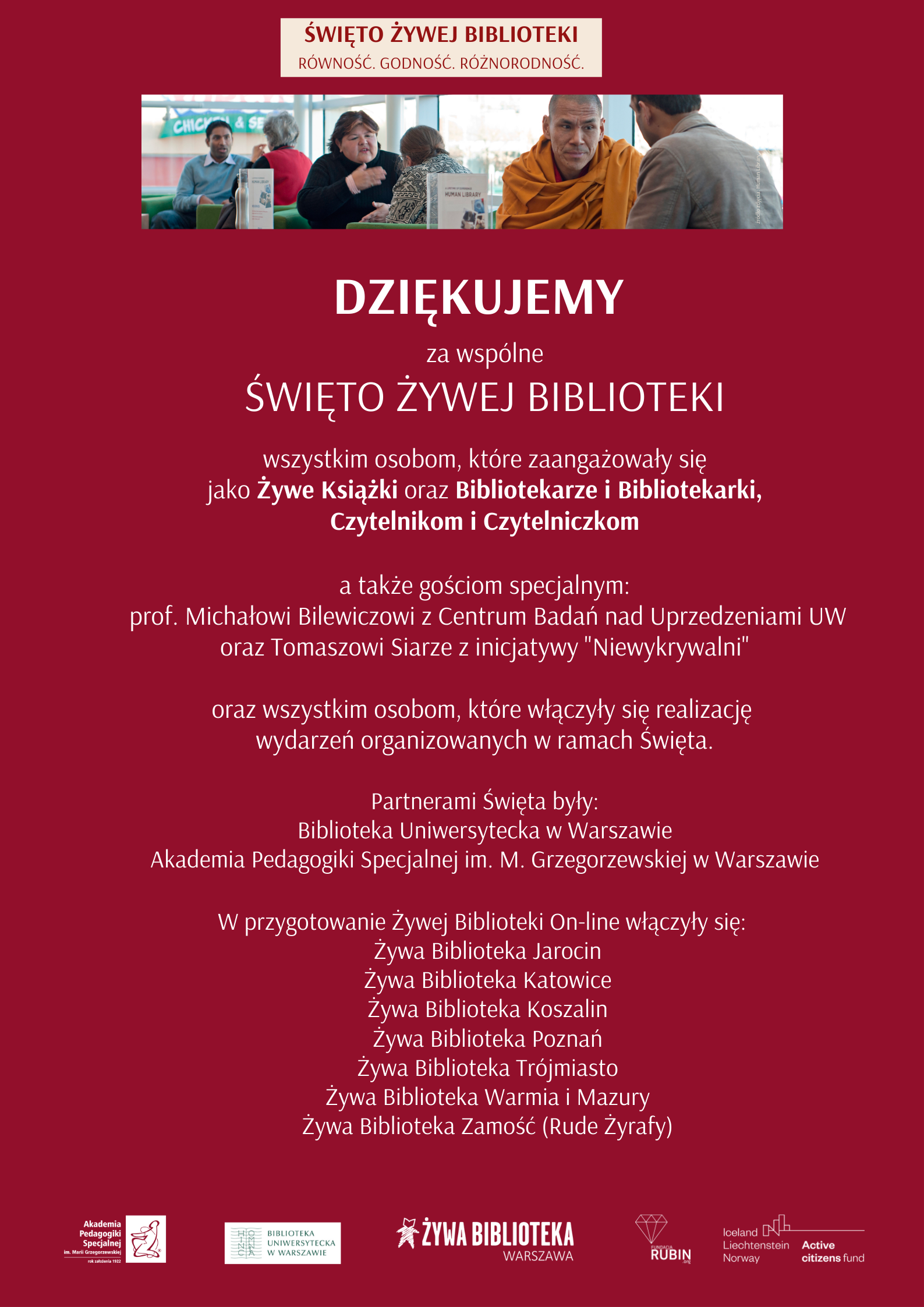 Plakat Żywej Biblioteki z podziękowaniem za uczestnictwo