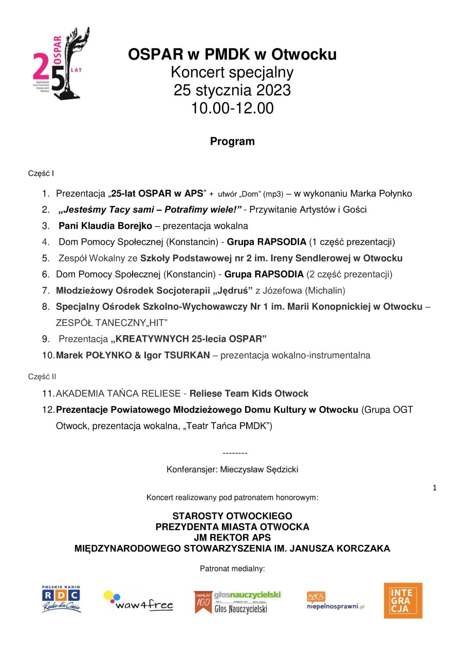 program koncertu OSPAR w Otwocku
